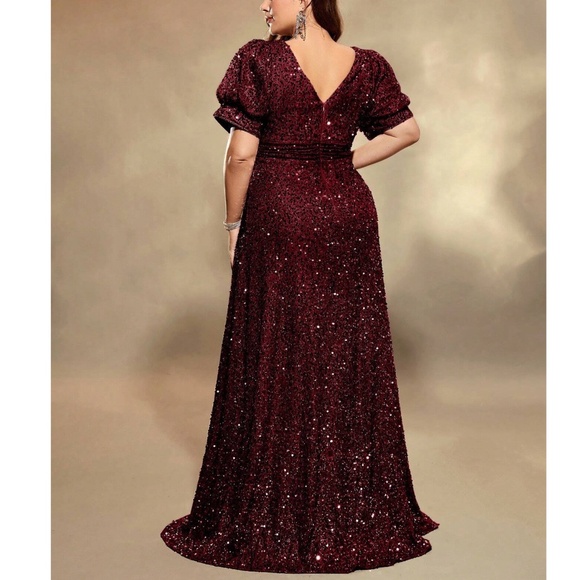 Plus Sequin Puff Sleeve High Waisted Party Formal Wedding Dress - Picture 4 of 9